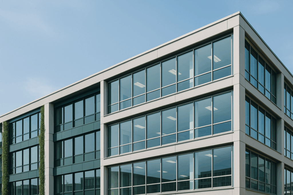 Modernes Bürogebäude mit großen Glasfassaden und klarer Architektur, ergänzt durch vertikale Grünflächen, fotografiert unter blauem Himmel